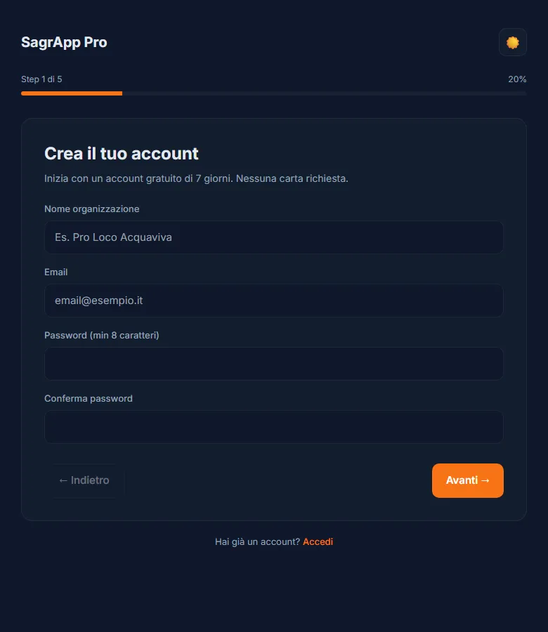 Registrazione: l'account dell'organizzazione