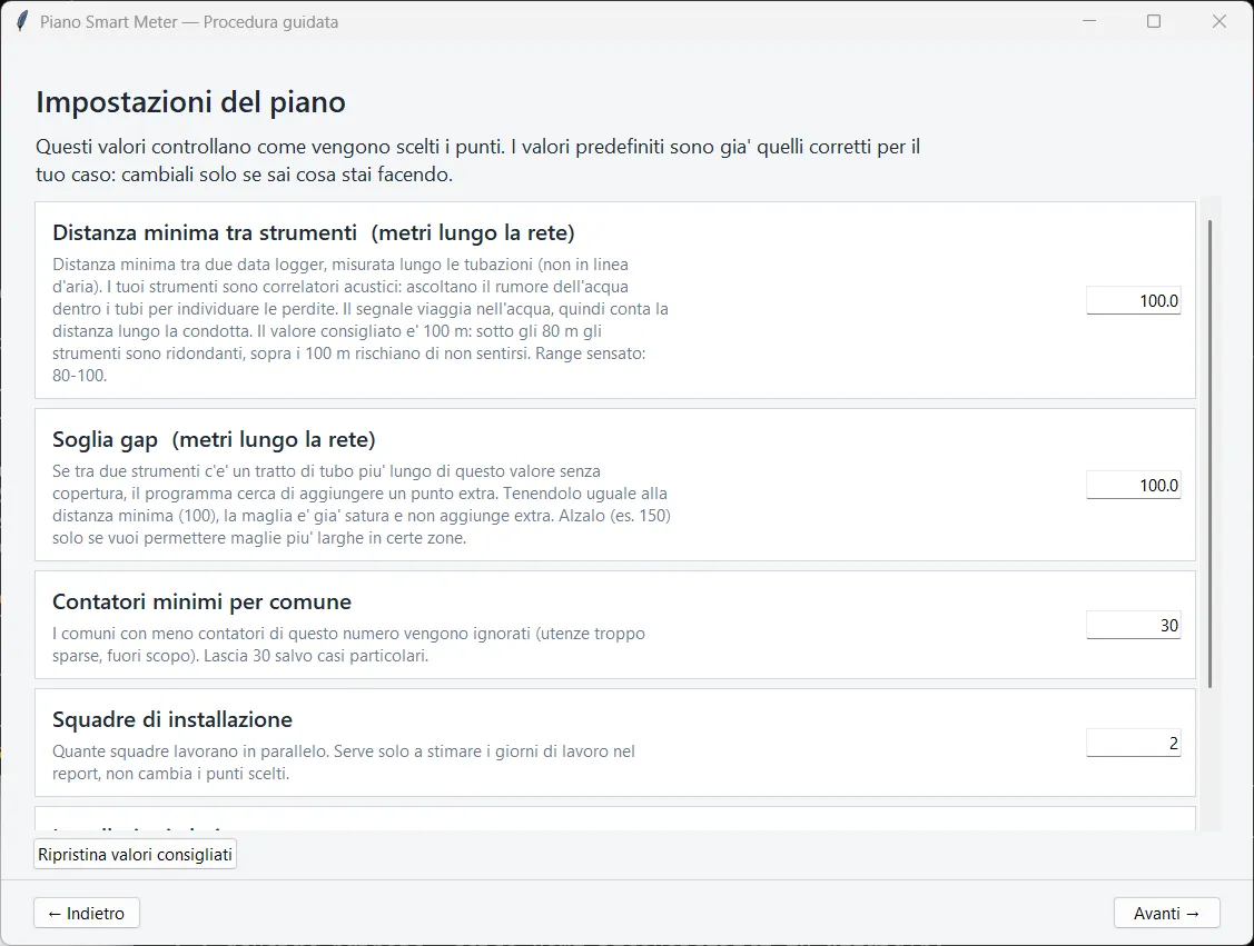 I parametri del piano, con la distanza lungo la rete