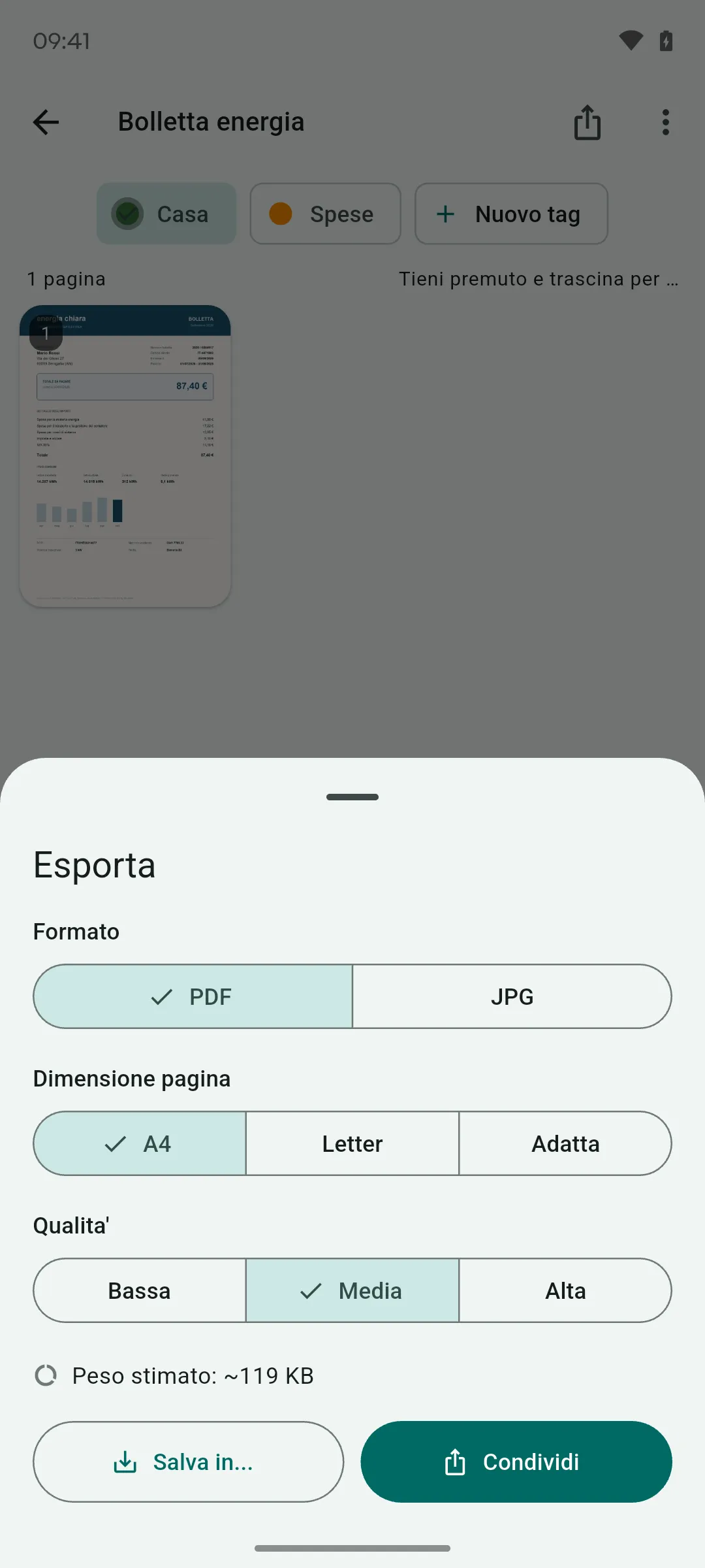 L'export con la stima del peso prima di generare